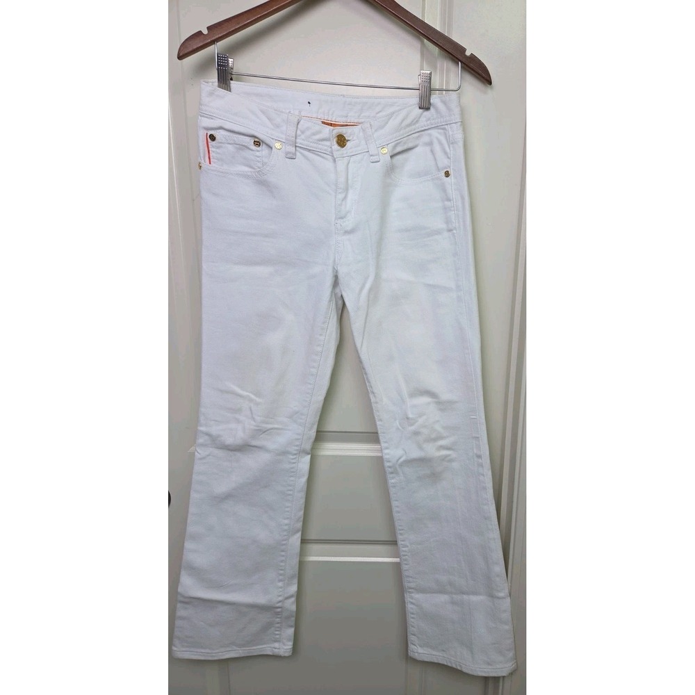Tory Burch Classic Tory Boot Jeans Size 27 Logo Pocket Gold Button White Denim